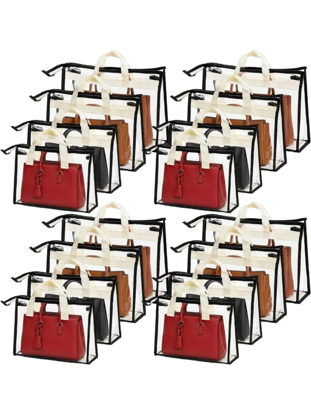 16 Pack Clear Purse Dust Bags with Zipper & Handle - 4 Sizes for Handbag Storage
